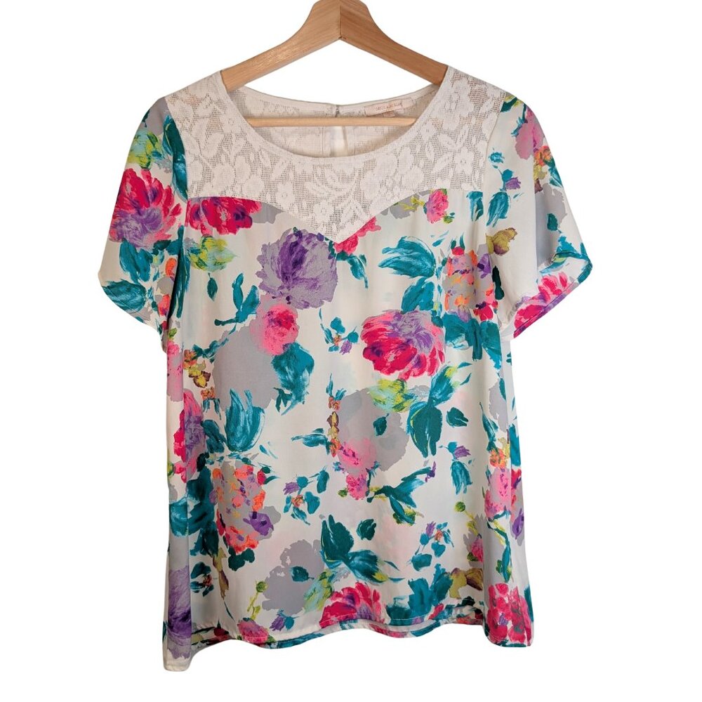 Skies Are Blue Floral Lace Blouse Women's Size 8 Short Sleeve Shirt Flower Top
